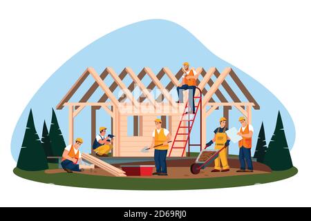 Wooden eco house construction process. Vector flat cartoon illustration. Workers and builders building house or cottage in forest. Stock Vector