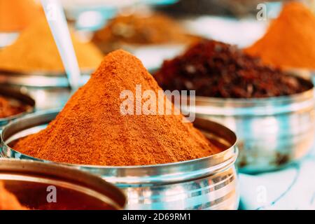 Close View Of Masala Curry, Bright Colors Fragrant Seasoning, Condiment In Tray On Local Food Market, Bazaar.