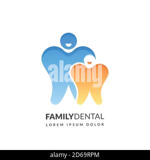 Family dental medical clinic logo sign or emblem design template, isolated on white background. Abstract human tooth, child and mother silhouette, vec Stock Vector