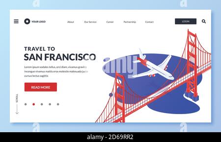 Travel to San Francisco, USA vector 3d isometric illustration. Plane flies over Golden Gate Bridge. Web landing page, banner, poster design. Tourism w Stock Vector
