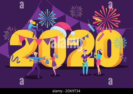 New Year 2020 greeting card. Vector flat cartoon illustration on dark night background. Happy young people in santa hats have night party with firewor Stock Vector