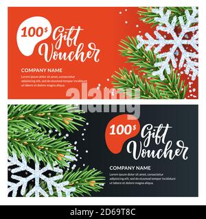 Gift card, voucher, certificate or coupon vector design template. Discount banner layout for Christmas and New Year holidays sale. Realistic illustrat Stock Vector