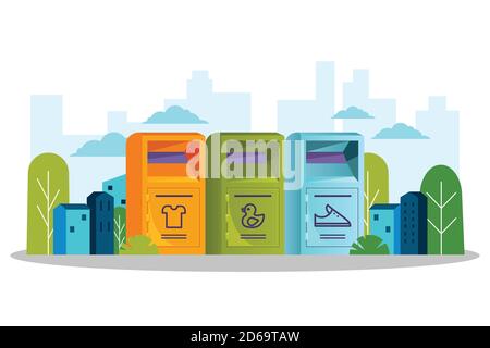 Multicolor boxes for used clothes donations stands on the street. Donation, volunteering and social charity concept. Vector flat cartoon illustration. Stock Vector