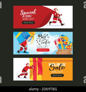 Christmas or New Year poster set with Santa Claus, large sack and gift boxes. Vector flat cartoon illustration. Holiday sale banner design template wi Stock Vector