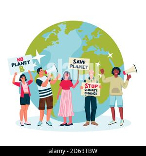 Environmental activists draw attention to climate change. Vector flat cartoon illustration of protesting eco-activists with posters, flags, loudspeake Stock Vector