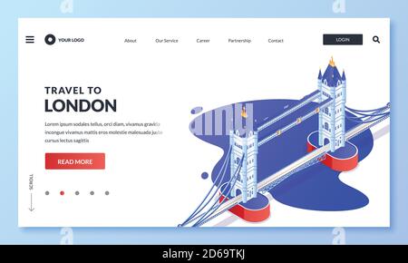 Travel to London, United Kingdom of Great Britain. Vector 3d isometric illustration of Tower Bridge. Web landing page, banner, poster design. Tourism Stock Vector