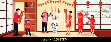 Happy Chinese family prepares for Lunar New Year and decorates house with lanterns and flags. Vector flat cartoon illustration. Oriental traditional h Stock Vector
