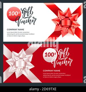 Gift card, voucher, certificate for Christmas, New Year, Birthday. Realistic 3d illustration of present with red and white round bow ribbon. Holiday b Stock Vector