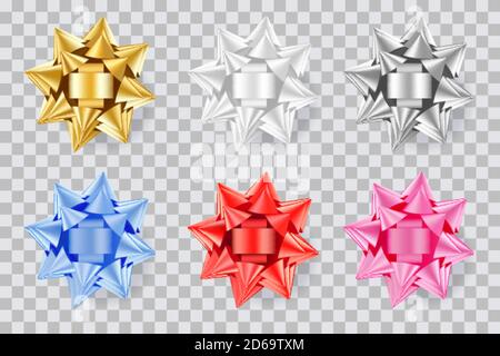 Holiday gift decoration. Realistic 3d round bow ribbons set. Vector design elements. Golden, red, white, silver, blue, pink bows, isolated on transpar Stock Vector