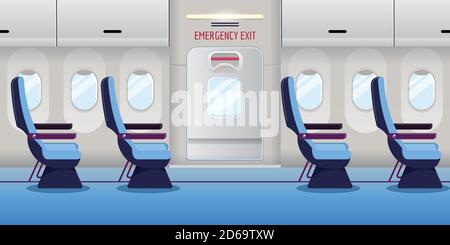 Airplane inside. Empty plane interior with emergency exit door. Vector flat cartoon illustration. Safety aircraft flight concept. Stock Vector