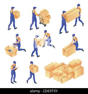 Men in courier uniforms pack and carry cardboard mail boxes. Vector 3d isometric illustration. People workers of moving, postal or delivery service, i Stock Vector
