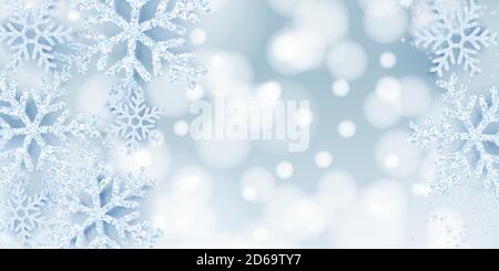 Winter abstract blue backdrop with realistic white snow snowflakes. Elegant blurry banner, poster, greeting card background for Christmas or New Year Stock Vector