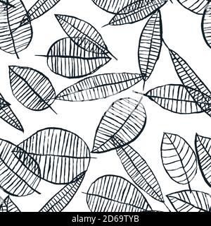 Autumn black white watercolor leaves seamless pattern. Vector hand drawn ink doodle illustration. Trendy scandinavian wallpaper background design. Fas Stock Vector