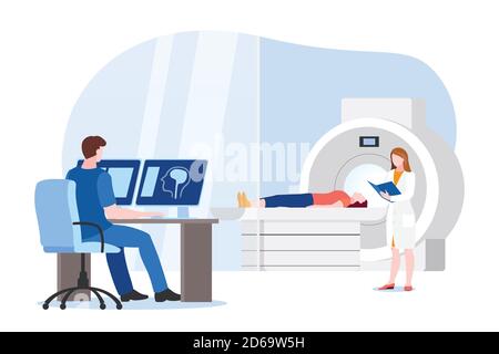 Doctor and nurse prepare for magnetic resonance imaging scan of patient. Vector flat cartoon illustration of hospital lab equipment. MRI medical moder Stock Vector