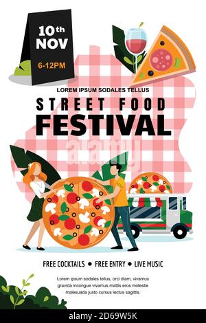 Street food outdoor festival poster or banner design template. Vector flat cartoon illustration. Italian food truck and young couple with large pizza Stock Vector