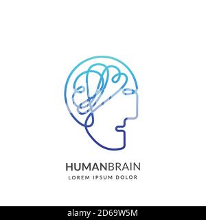 Human head and brain logo sign or emblem design template, isolated on white background. Abstract continuous line creative idea vector icon. Concept fo Stock Vector