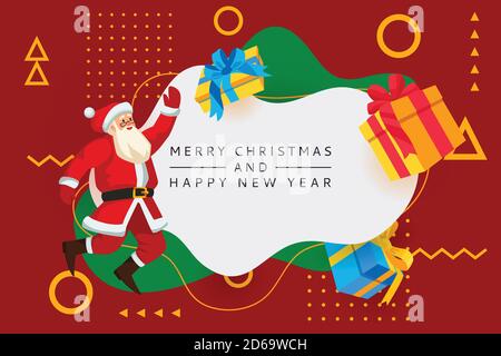 Merry Christmas, Happy New Year poster, banner abstract white frame. Vector flat cartoon illustration of jumping Santa Claus and multicolor gift boxes Stock Vector