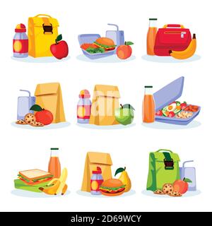 Kids school healthy lunch and snacks. Vector flat cartoon illustration. Lunchboxes with home made meal, apple, banan and drinks. Food icons isolated o Stock Vector