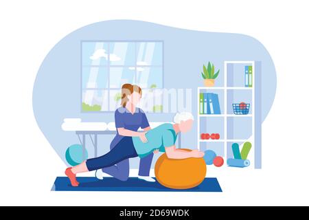 Physiotherapist or rehabilitologist doctor rehabilitates elderly patient. Senior woman doing exercises on fitball. Vector flat cartoon illustration. P Stock Vector