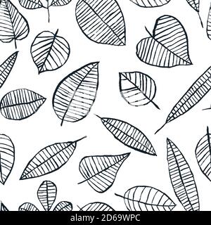 Autumn black white watercolor leaves seamless pattern. Doodle scandinavian trendy design for fashion textile print, packaging, wallpaper or background Stock Vector