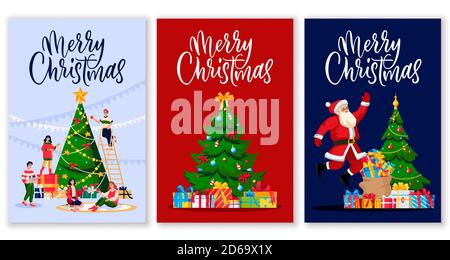 Merry Christmas calligraphy lettering greeting gift cards or postcards. Vector flat cartoon illustration of Santa Claus and people celebrating holiday Stock Vector