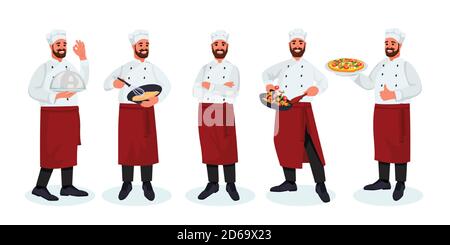 Chef with mustache and beard in different poses, on white background. Vector flat illustration. Cooking man cartoon character in hat and uniform Stock Vector