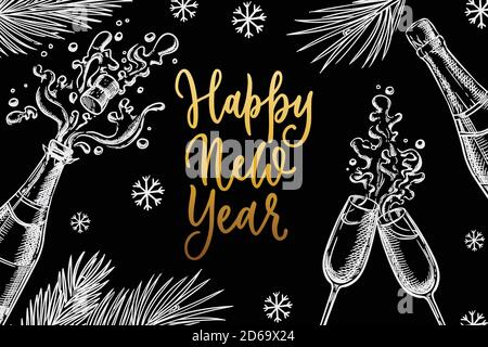 Happy New Year celebration banner, poster design. Bottle of champagne, two glasses and calligraphy lettering. Chalk sketch vector illustration. Vintag Stock Vector
