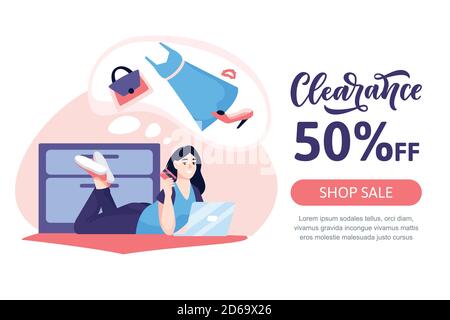 Young woman lies in front of laptop and makes purchases in online store of women's fashion clothes. Vector flat cartoon illustration. Seasonal sale po Stock Vector