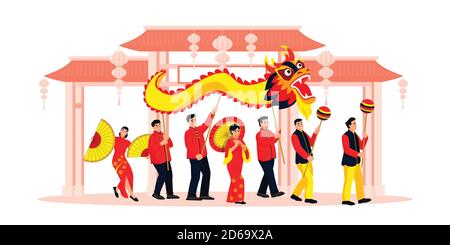 Celebrating Chinese Lunar New Year. Vector flat cartoon illustration of happy dancing people. Holiday performance in china town with dragon, lanterns, Stock Vector