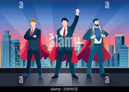 Businessmen in red superhero cloaks and suits on building roof. Vector business metaphor illustration. Concept of success teamwork, leadership. Abstra Stock Vector