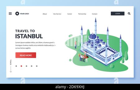 Travel to Istanbul, Turkey. Vector 3d isometric illustration of Sultan Ahmad Blue Mosque, tourist group with guide. Web landing page, banner, poster d Stock Vector