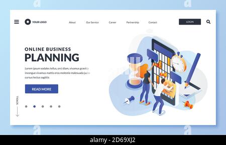 Online calendar app business work planning. Vector 3d isometric illustration. Concept of time management of office teamwork, project development proce Stock Vector