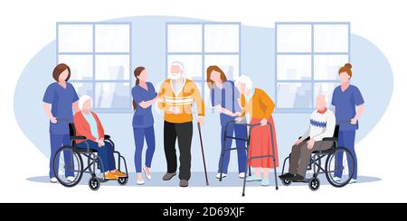 Nurse taking care about seniors people in hospital. Vector flat cartoon illustration. Doctors help elderly people walk and ride wheelchair. Stock Vector