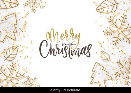 Merry Christmas calligraphy lettering and golden holiday toys decoration. Vector 3d illustration of gold Christmas tree, snowflakes, leaves. Luxury mo Stock Vector