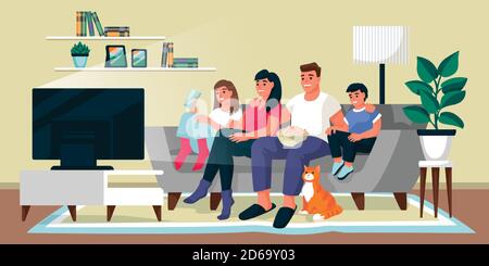 Family watching TV in living room. Father, mother and two children sit on sofa together. Vector flat cartoon illustration. Home movie time, indoor wee Stock Vector