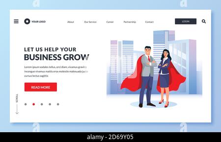 Businessman and businesswoman in red superhero cloaks against cityscape. Vector business illustration for web landing page, banner, poster design. Con Stock Vector