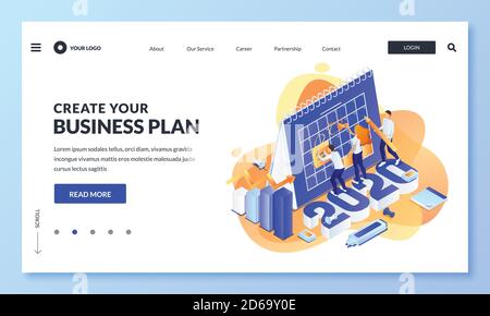 Creating business plan for new year 2020. Vector 3d isometric people and calendar illustration on white background. Planning, strategy and time manage Stock Vector