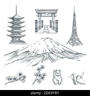 Travel to Japan hand drawn design elements. Vector sketch illustration of pagoda, mountain Fuji, blossom sakura branch, tower and souvenirs. Tokyo fam Stock Vector