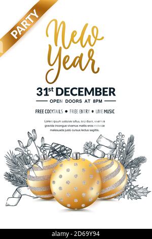 New Year 2020 party poster, banner template. Holiday flyer layout with place for text. Vector illustration. 3d gold realistic bauble balls with glitte Stock Vector