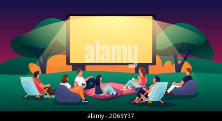 Outdoor evening cinema in summer park. Vector flat cartoon illustration. People watching movie in open-air cinema. Film festival, events and entertain Stock Vector