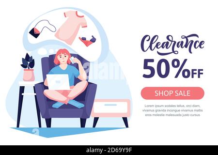 Young woman sits in armchair, chooses fashionable clothes and pays for purchases in online store. Vector flat cartoon illustration. Seasonal sale post Stock Vector