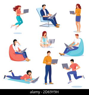 People with laptops in different poses, isolated on white background. Vector flat cartoon illustration. Young men and women work using computer. Busin Stock Vector