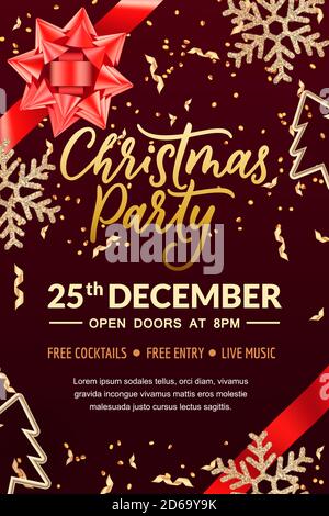 Christmas party hand drawn calligraphy lettering, poster or banner template. Holiday flyer layout with place for text. Vector 3d realistic illustratio Stock Vector