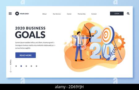 Business goals, strategy and future achievement plan for 2020 new year. Vector flat cartoon illustration of businessman shoots target with bow. Web la Stock Vector
