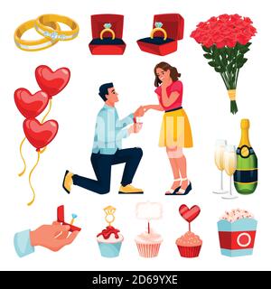 Engagement and marriage design elements set. Man makes proposal to young beautiful woman with diamond ring. Vector flat cartoon illustration. Valentin Stock Vector