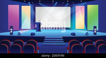 Conference hall interior. Empty white presentation screen in dark auditorium. Vector illustration. Seminar, business training or entertainment concept Stock Vector