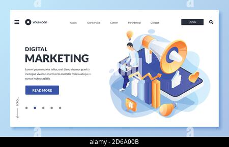 Digital marketing business technology concept. Vector 3d isometric illustration. Website and social media advertising strategy. Web landing page, bann Stock Vector