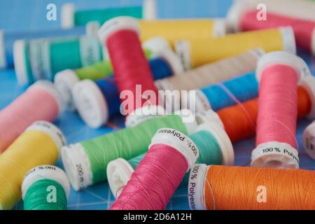 close up of sewing cotton in different colors Stock Photo