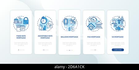 Mortgage types onboarding mobile app page screen with concepts Stock Vector