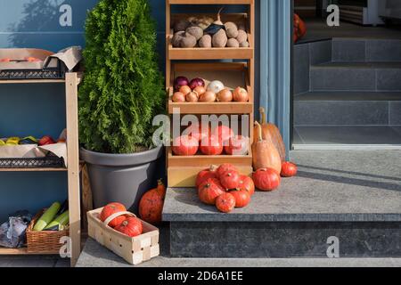 Fresh fruits and vegetables on wooden market counter. Local market, garden produce, clean eating and dieting concept. Farmers market, organic foods